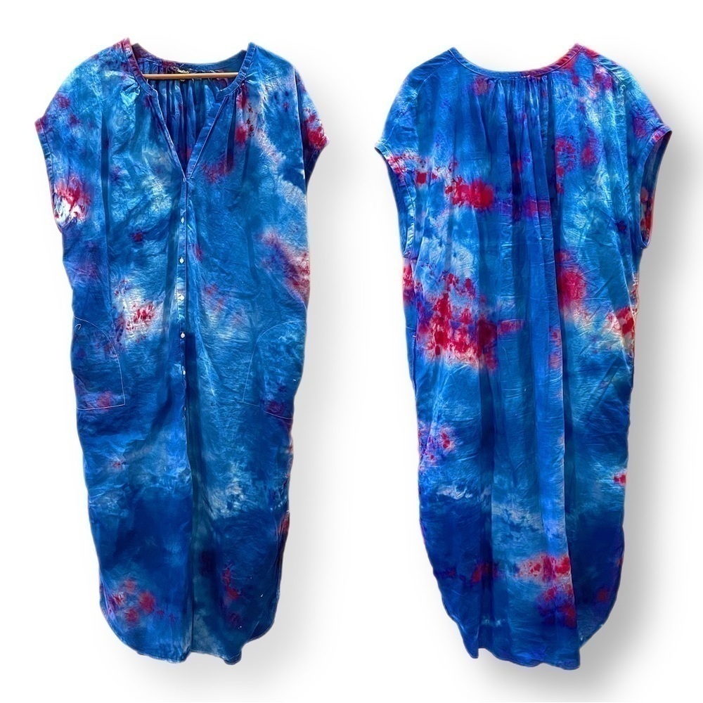 Tie dyed button front cotton dress swim cover up caftan galaxy size XL red blue